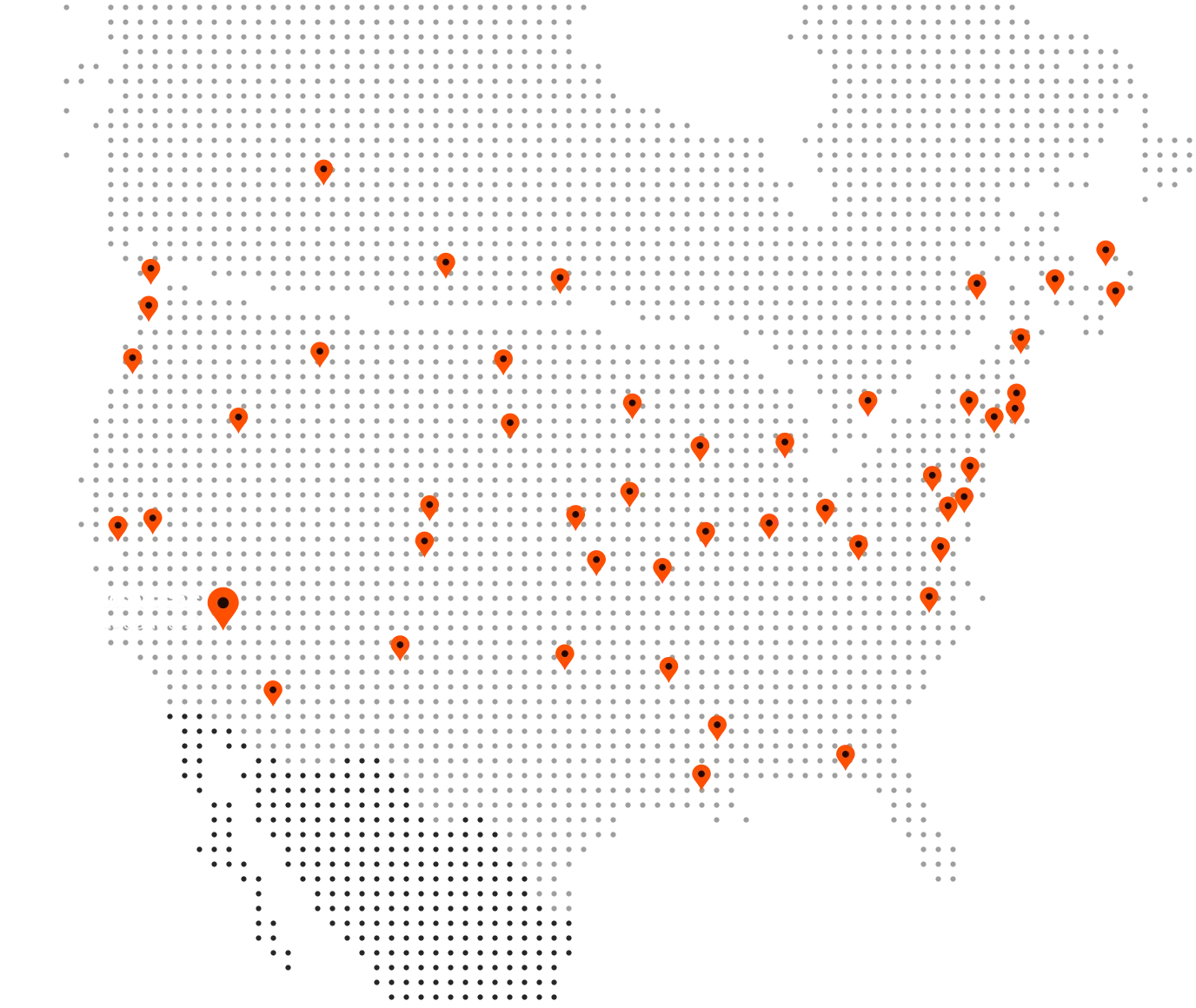Map of North America with pins in every US state and Canadian province with legal casinos, and Simtech headquarters in Las Vegas